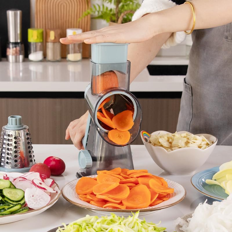 Cheese Grater Hand Crank Rotary Vegetables Shredder with Handle, 3-in-1 Graters with Interchangeable Blades and Strong Suction Base Multifunctional Slicer for Kitchen