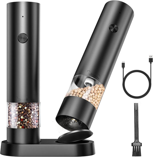Electric Salt and Pepper Grinder Set, Mini Rechargeable Automatic Salt Pepper Shakers Mills, Adjustable Coarseness Easy Filling with Base&Cover, for Kitchen Outdoors Gift- 2 Packs, Black