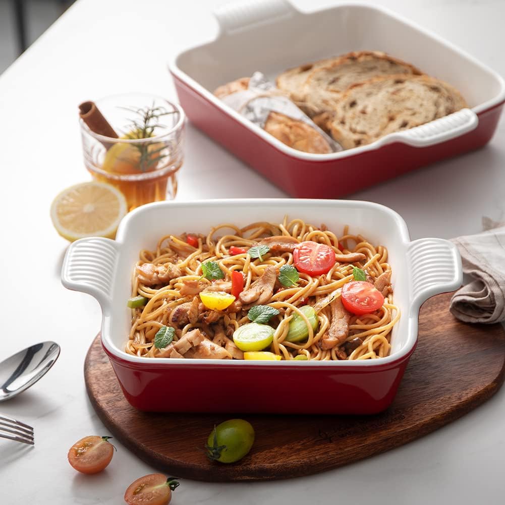 Sweejar Ceramic Baking Dish, 9 x 9 Cake Baking Pan for Brownie, Porcelain Square Bakeware with Double Handle for Casserole, Lasagna, Family Dinner (Red)