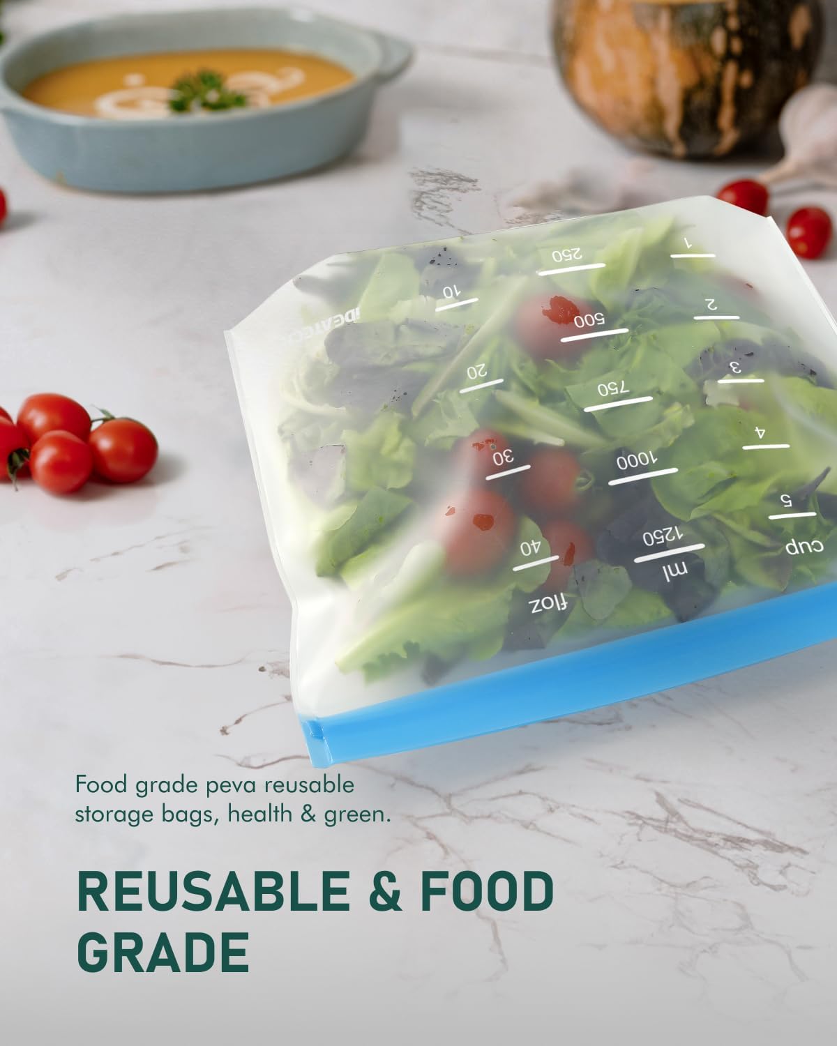 IDEATECH Sandwich Bags, Quart Freezer Bags Dishwasher Safe, Leakproof & BPA Free Reusable Bags for Food Storage, Home Organization, Traval & Make-up, Plastic Free Storage Bags Stand Up(10Pack)