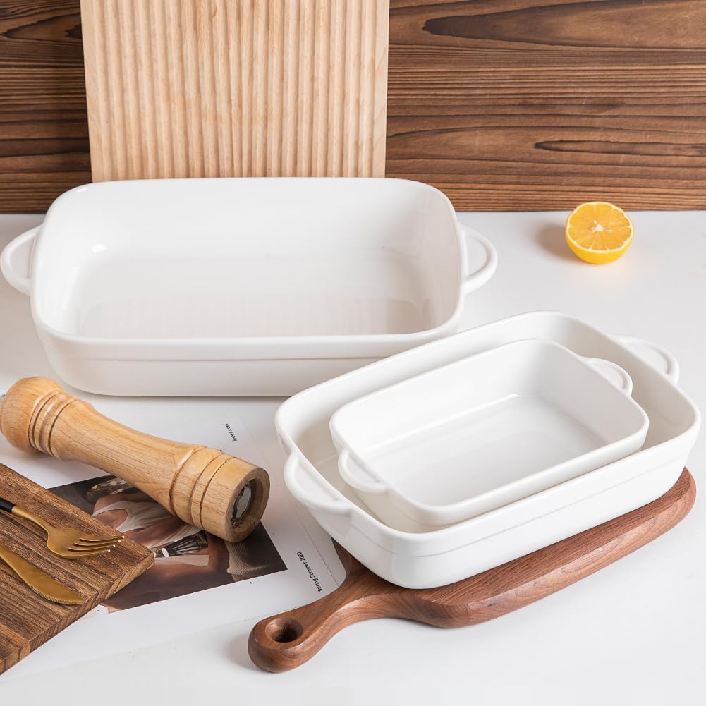 Sweejar Casserole Dishes for Oven, Ceramic Bakeware Set of 3, Lasagna Pan Deep with Handle, Rectangular Baking Pan Set, 9x13 Baking Dish for Cooking, Banquet and Daily Use (White)