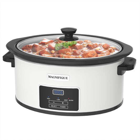 7-Quart Programmable Slow Cooker with Timer Keep Warm - Small Kitchen Appliance for Family Dinners - Serves 6+ People - Heat Settings: Keep Warm(White, Black Liner)