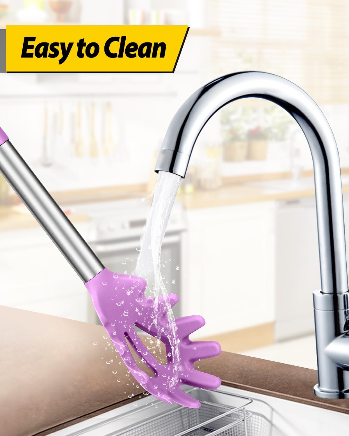 Silicone Pasta Fork and Ladle Spoon Set, Large Non Stick Kitchen Utensils for Cooking,Stirring,Serving Spaghetti, Soup, Sauce (PURPLE)