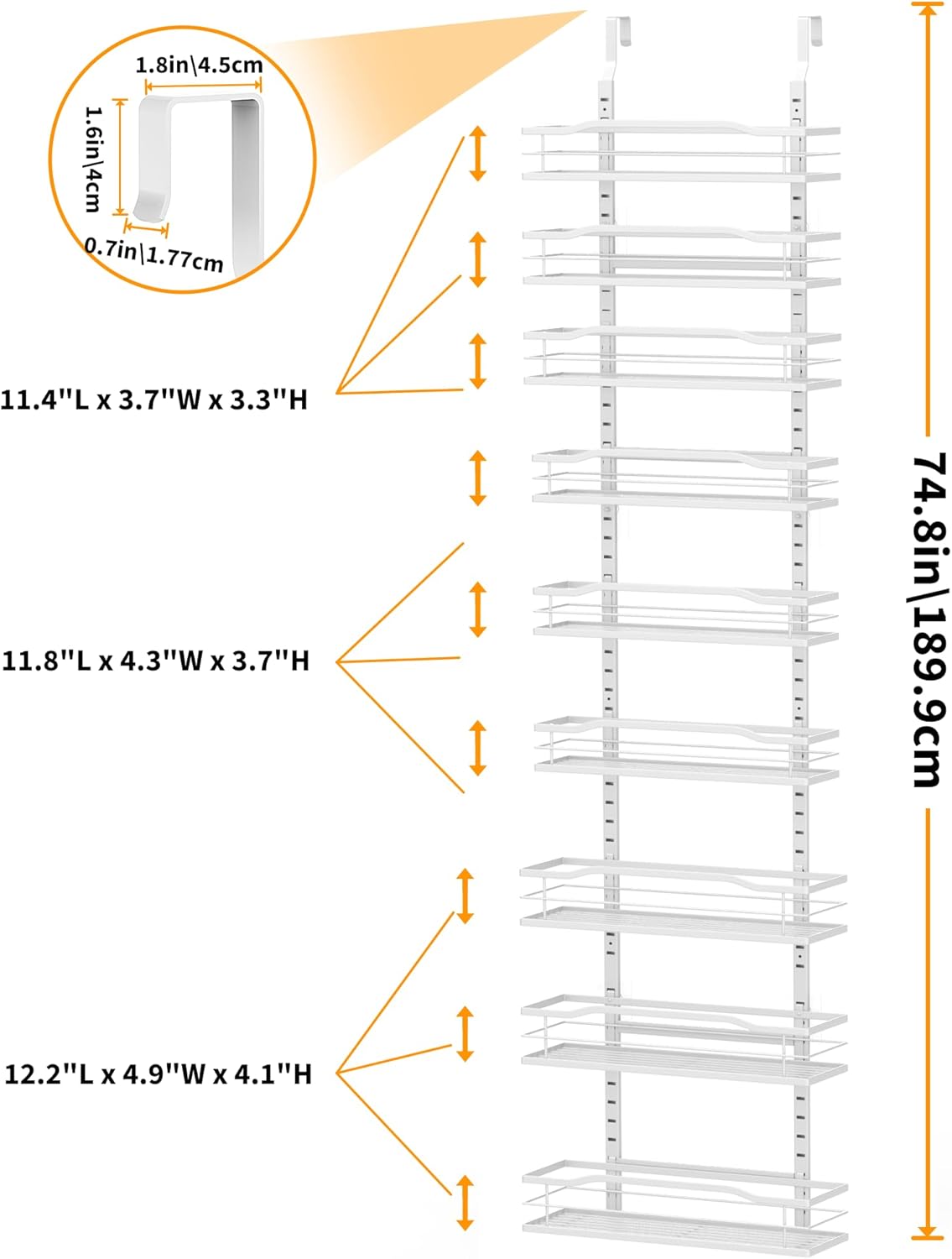 Moforoco White Narrow 9-Tier Over The Door Pantry Organizer, Pantry Organization and Storage, Metal Hanging Basket Wall Spice Rack Seasoning Shelves, 12.2"