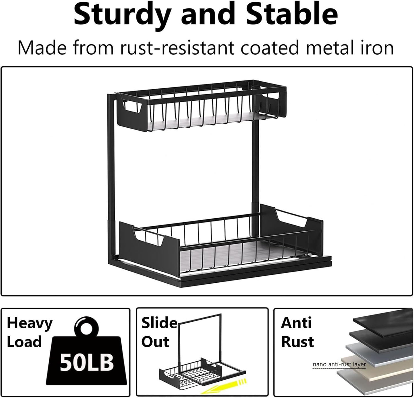 Under Kitchen Sink Organizers and Storage Pull Out 2 Tier Metal Bathroom Cabinet Organizer (Black, 2 Pack)