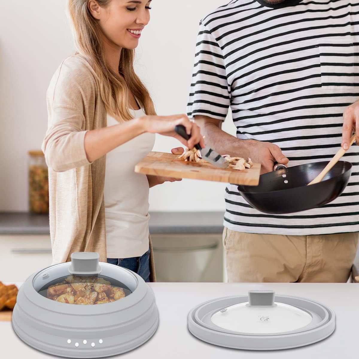 Microwave Splatter Cover Glass Cover Guard Lid with Collapsible Silicone for Food Pot Plate Cover 10.8 inch Light Grey