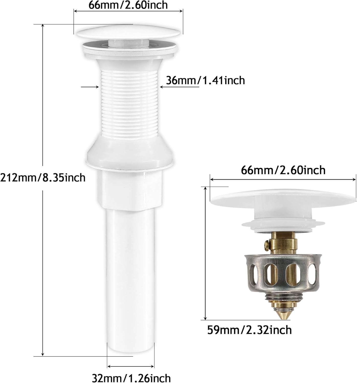 Bathroom Sink Drain,2 Pack White Drain Stopper Bathroom Sink Without Overflow,Pop Up Drain Assembly with Detachable Strainer Basket,Built-in Anti-Clogging, Stainless Steel Nut