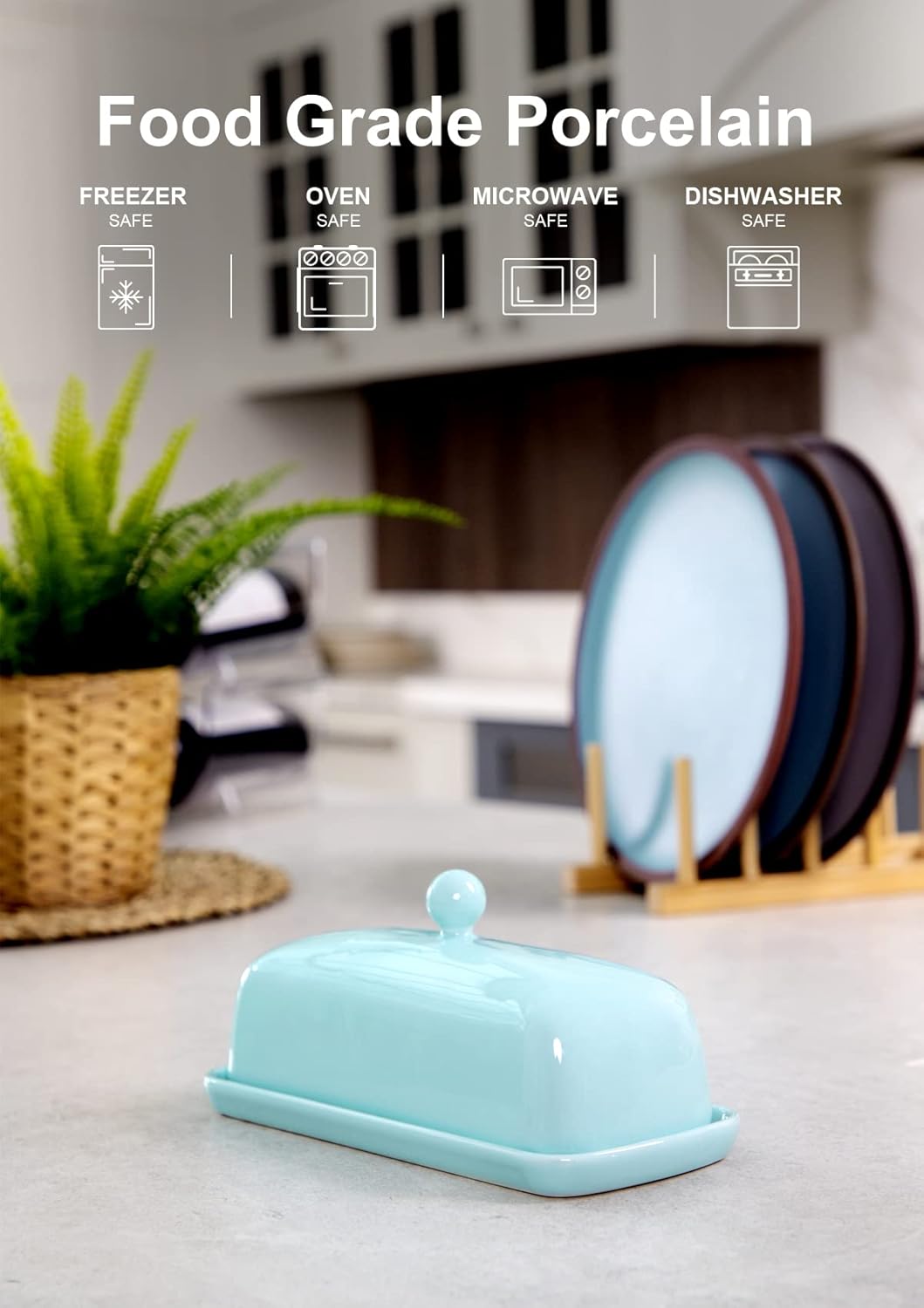 Nucookery Ceramic Butter Dish with Lid | Raised Legs and Non-Slip Strip Design | Porcelain Health | Dishwasher Safe, Lake Blue