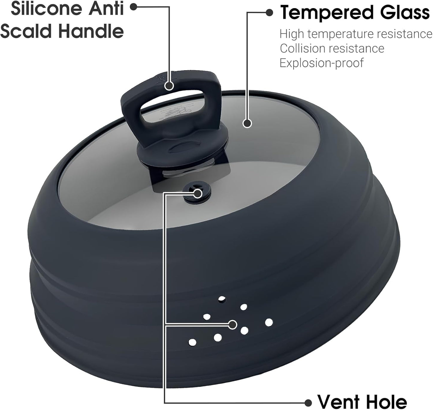 Microwave Splatter Cover Collapsible Silicone & Tempered Glass 10.8 Inch Microwave Cover for Food Splatter Guard with Steam Vents Dishwasher Safe Fits Bowls, Plates & Pots (Gray)