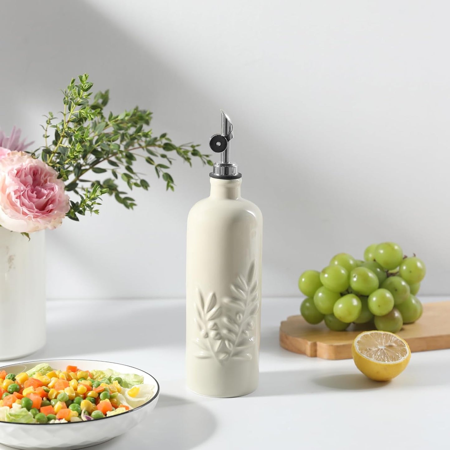 Sweejar 18 Oz Oil Dispenser for Kitchen with Gravity Spout, Ceramic Olive Oil Dispenser Bottle, Relief Opaque Vinegar Container for Evoo, Vinegar, Soy Sauce, Pack of 1(Beige, Silver Spout)