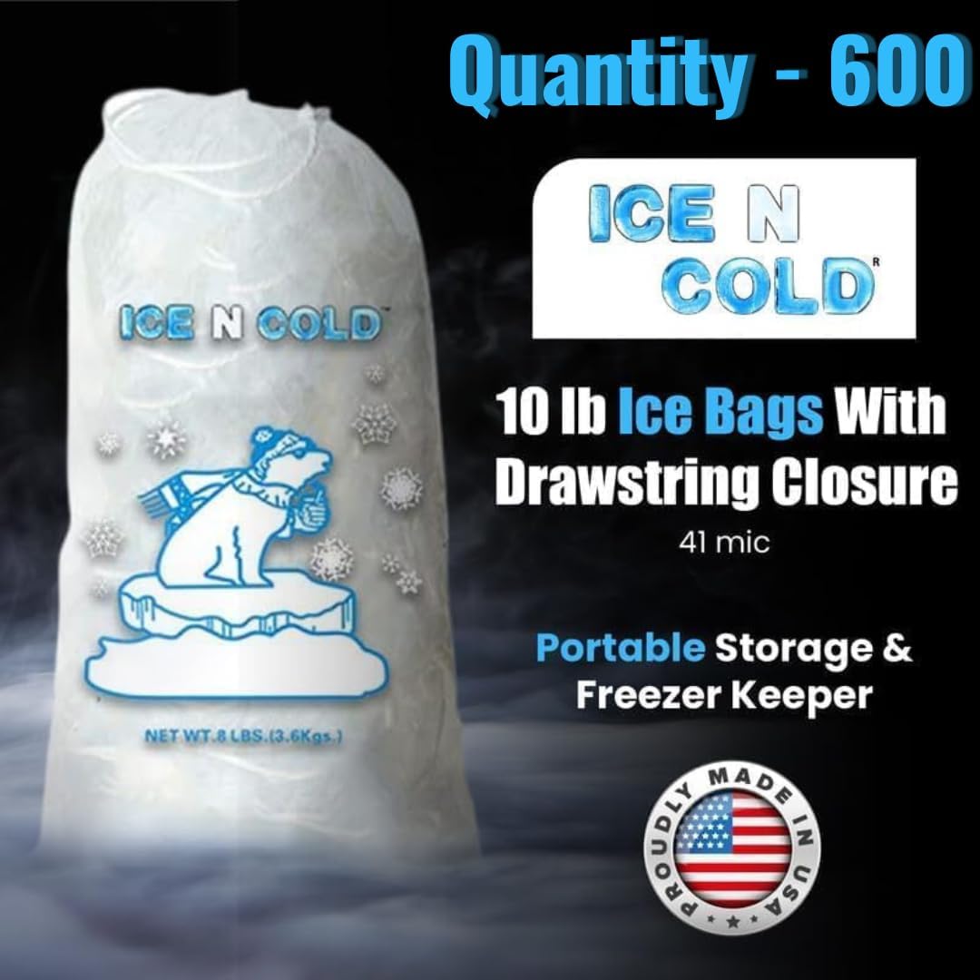 Ice Bags with Drawstring Closure | 10lb, 600ct/cs | 41 mic Thickness | Portable Storage and Freezer Keeper