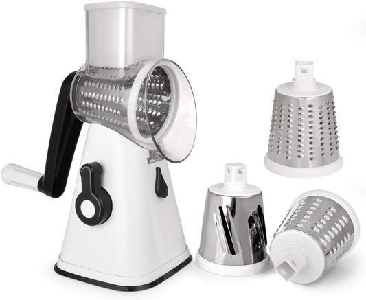 Manual Rotary Potato Grater Kitchen Mandoline Vegetable Slicer，with 3 Interchangeable Blades，Easy to use (White)