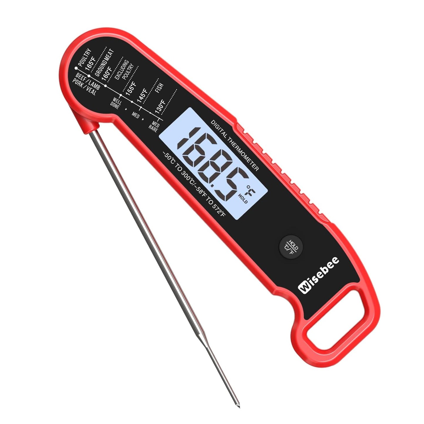 Wisebee Meat Thermometer Digital, 0.5 Sec Instant Read Waterproof Food Thermometer with 180°Auto-Rotate Backlit Display | Anti-Slip Handle | Magnetic Back | Hold Function for Cooking, Red