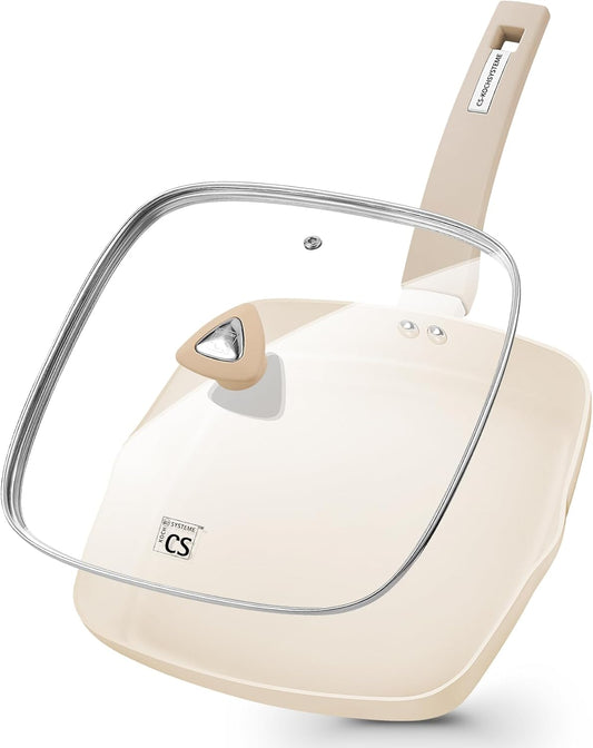 KOCH SYSTEME CS Nonstick Grill Pan for Indoor Cooking, 9.5 Inch Ceramic Square Frying Pan with Lid, Versatile Nonstick Griddle Pan for Stove Tops, Induction Compatible, Toxic-Free, Cream White