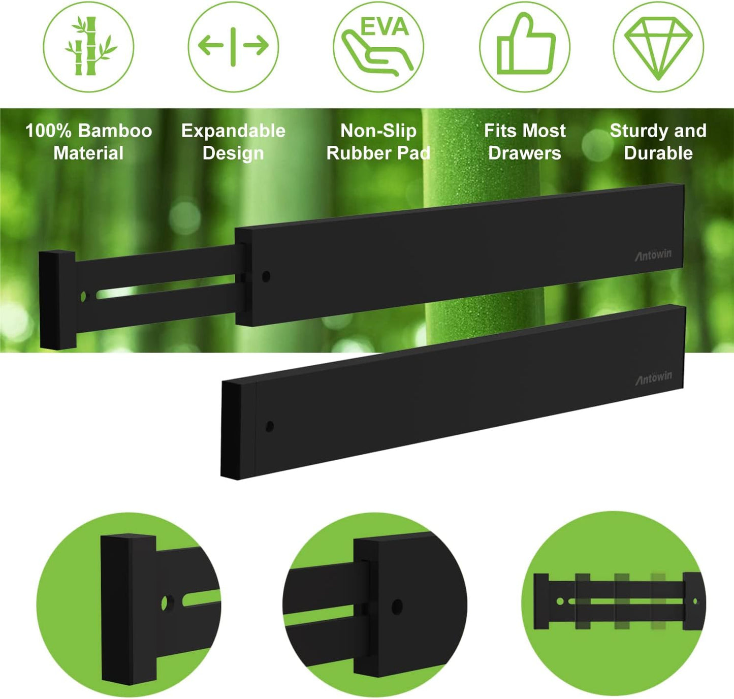 ANTOWIN Bamboo Drawer Dividers Organizers, Drawer Separators Splitter,17-22 inches Long Adjustable Spring-loaded Organizer for Large Utensil, Clothes, Tools Drawers (Black)