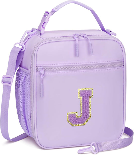 Initial Insulated Lunch Bag for Girls Kids, Back to School Gift, Reusable Leak-proof Lunch Box with Adjustable Strap for School Daycare Travel Picnic (Purple,J)