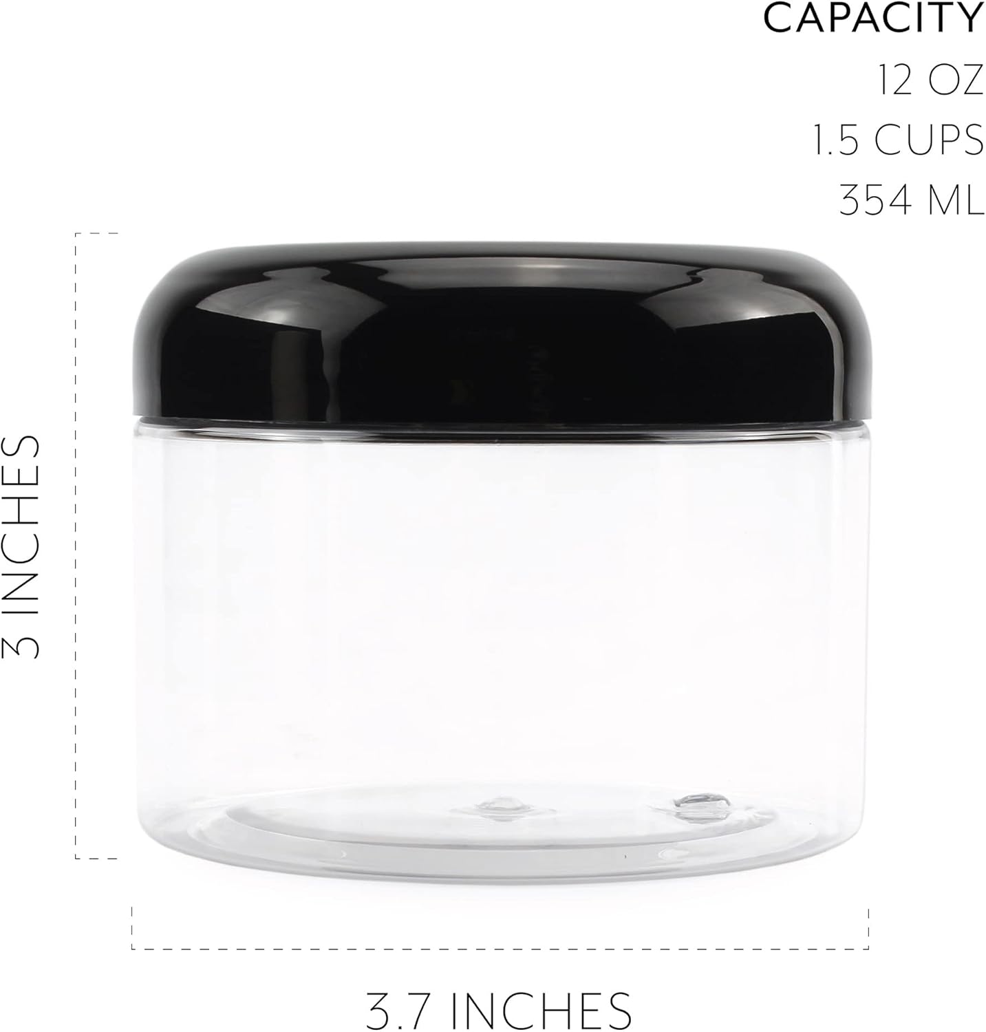 Cornucopia Brands 12 Ounce Clear Plastic Jars w/Black Plastic Lids (6-Pack); BPA Free PET Stackable Canisters for Bathroom & Kitchen Storage