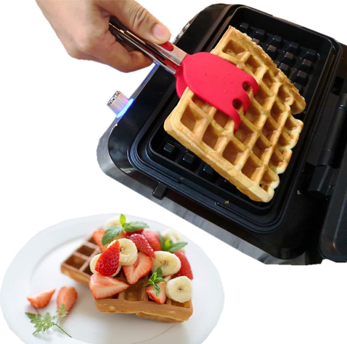 Professional Easy Grip Waffle Tongs with Heat-Resistant Nylon Tips, Red