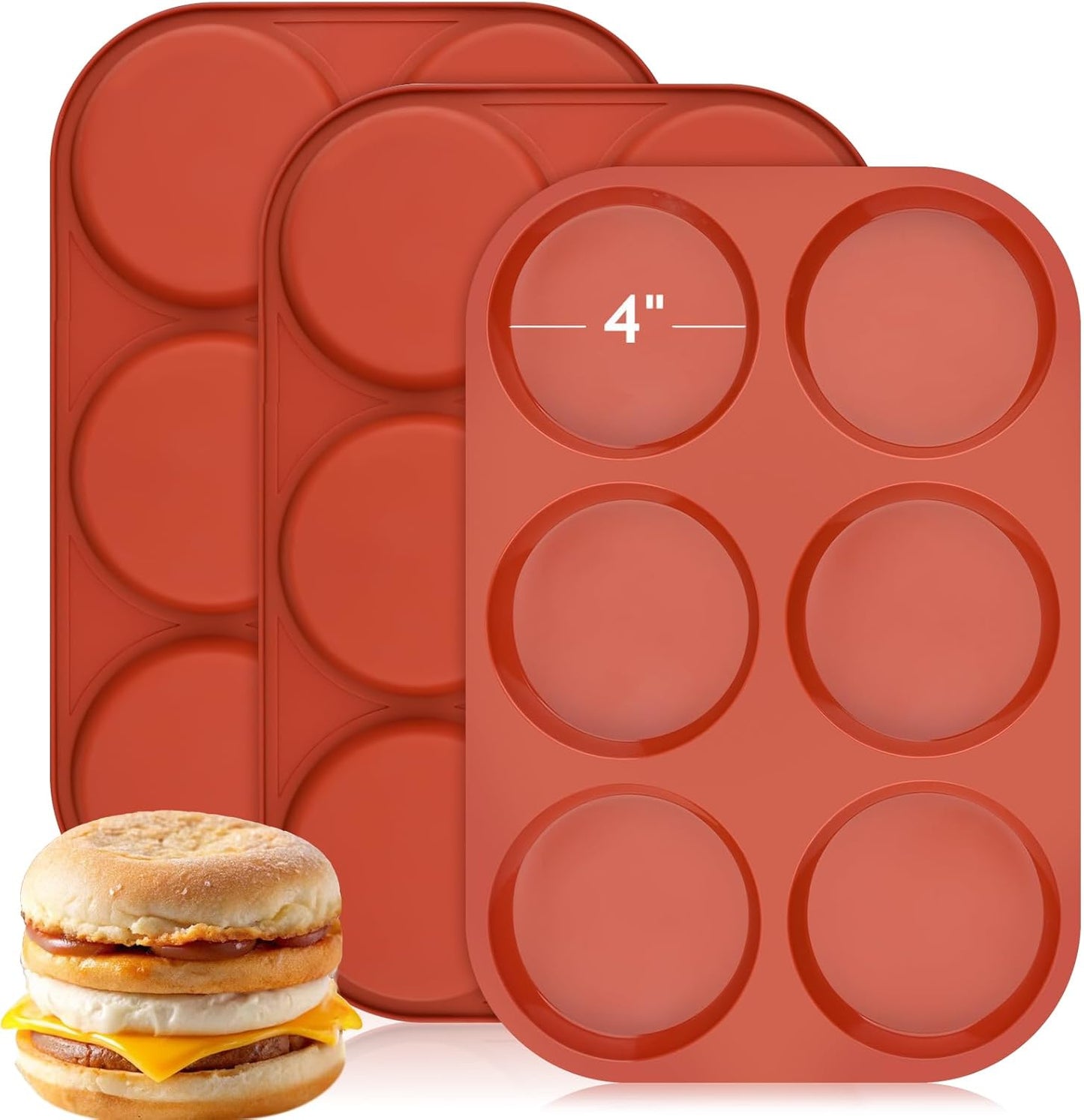 JOERSH 3-PK Silicone Egg Mold Non-Stick 4 Inch Jumbo Size Muffin Top Pan, Large Round Silicone Molds for Baking Hamburger Bun, Egg Bites, Breakfast Sandwiches, Pancakes
