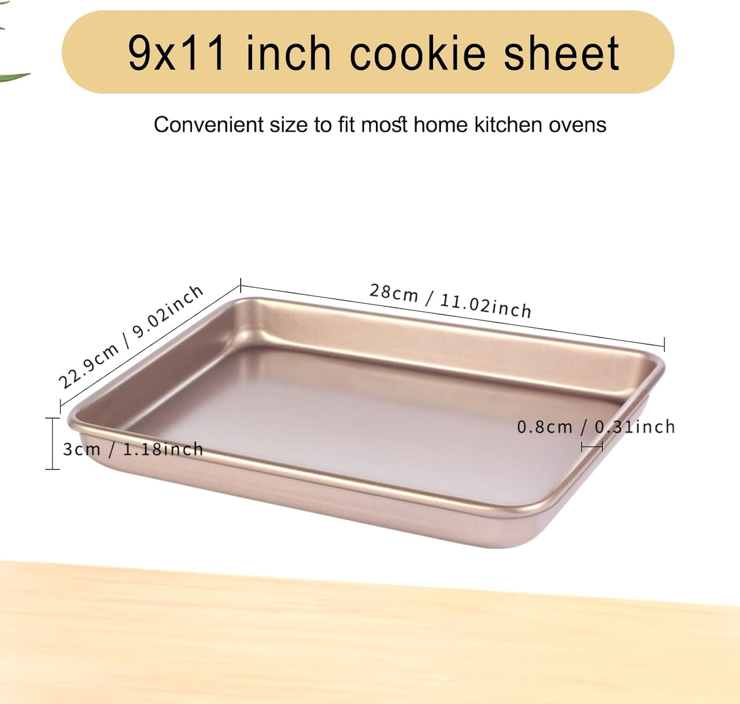 Baking Sheet Tray 9 x 11 Inch Cookie Sheet Nonstick, 2-Pack Heavy Duty Small Baking Pans, Carbon Steel, Gold - Bakeware Sets for Cookies, Roasting, Oven Safe, Easy to Clean