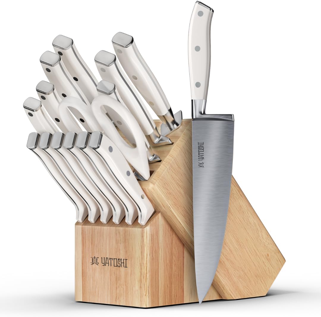 Yatoshi 15 Piece White Knife Block Set - Pro Kitchen Knife Set Ultra Sharp High Carbon Stainless Steel with Ergonomic Handle