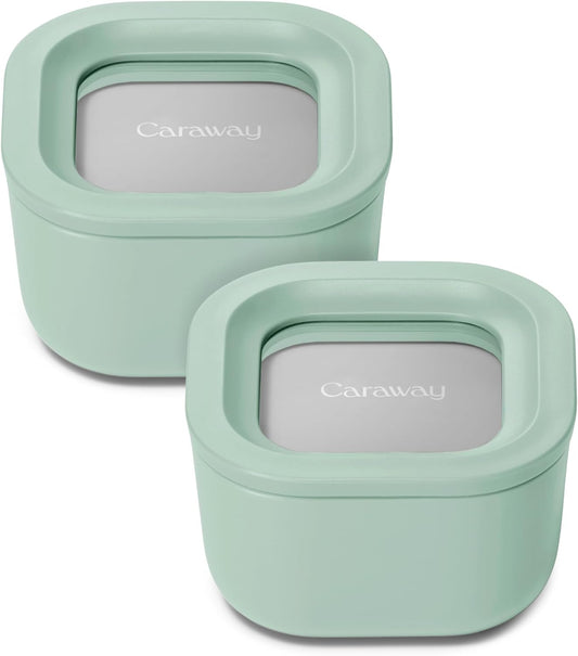 Caraway 2pc Glass Food Storage Set - 1.75 Cup Food Containers (2) - Non-Toxic Ceramic-Coated Glass - Air Release Technology - Compact & Stackable Design - Mist