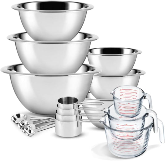 Eatex Mixing Bowls with Measuring Cups & Measuring Spoons 17 Piece Set - Nesting Stainless Steel Mixing Bowls Set for Kitchen, Measuring Spoons & Glass Liquid Measuring Cups, Dishwasher Safe Meal Prep