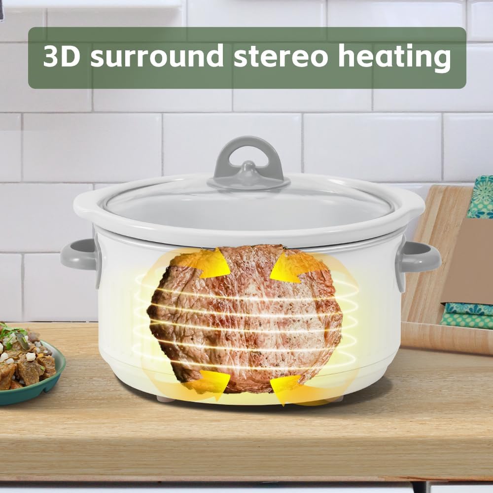 ICOOK Slow Cooker 3.5 Quart USC-351-OG,Dishwasher Safe Crock/Ceramic inner pot and Glass lid,Small Slow Cooker,Oval Shape,White