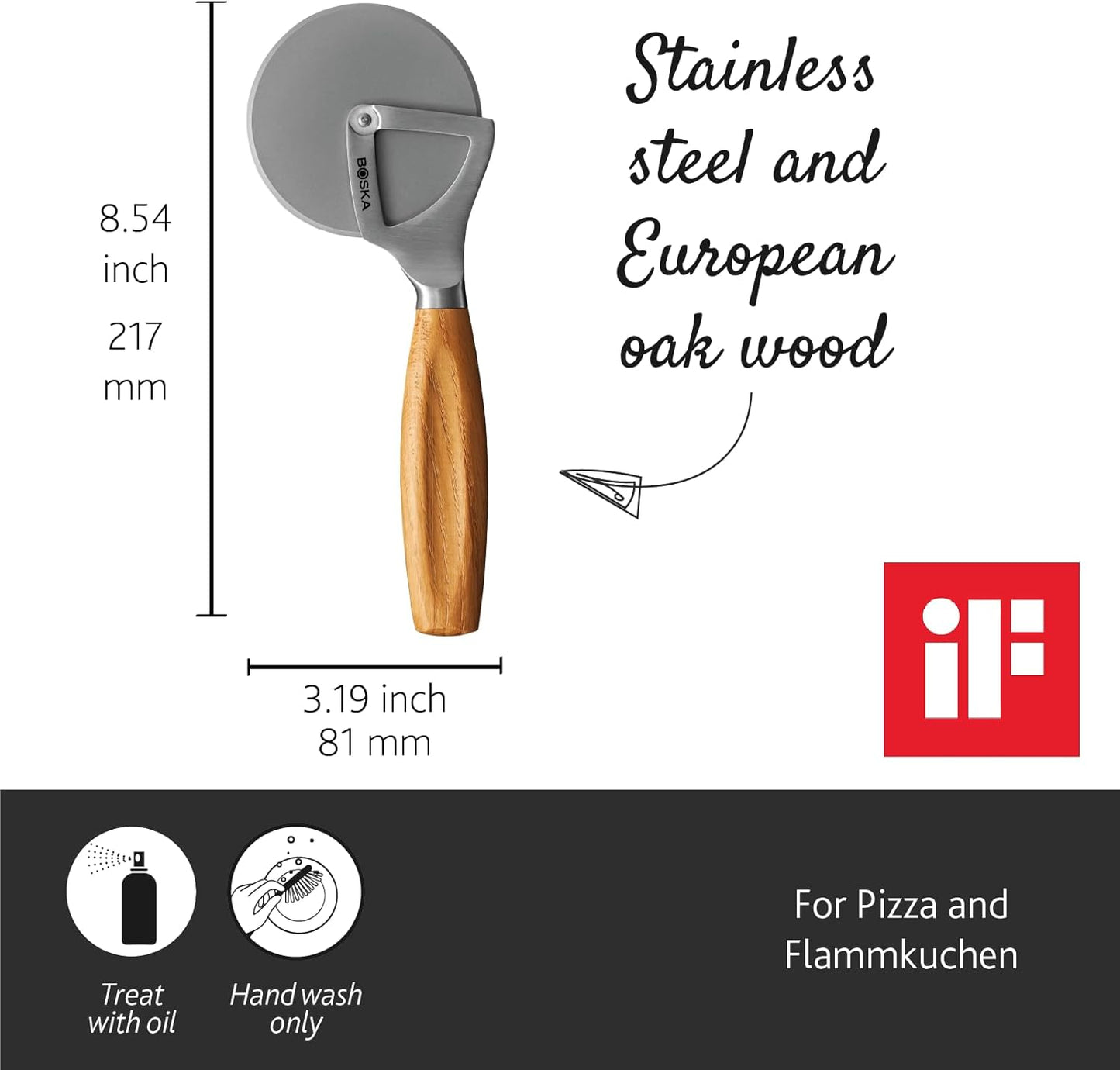 Boska Stainless Steel Pizza Cutter - Oslo Multifunctional Pizza Wheel Cutter - Handheld Food Slicer - Silver Non-Stick Roller - For Kitchen Cooking