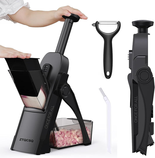 Safe Mandoline Slicer for Kitchen, Meal Prep,Potato Slicer, Adjustable/Easy to Clean/Storage, Kitchen Chopping Artifact,French Fry Cutter,Paring Knife/Cleaning Brush (only Slice, Black Knight)