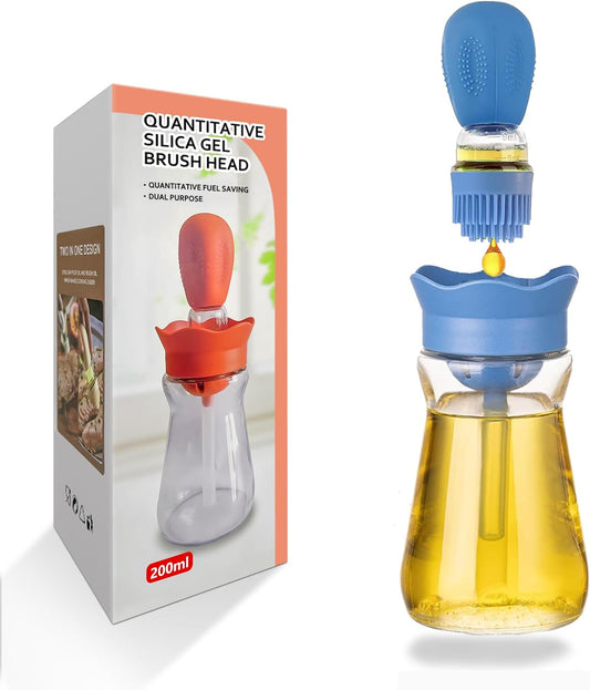 Oil Dispenser Bottle with Silicone Brush, 200ML 2 in 1 Silicone Dropper Measuring Oil Dispenser Bottle for Kitchen Cooking, Frying, Baking, BBQ Pancake, Air Fryer, Marinating - Blue