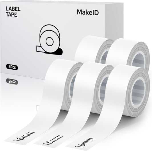 MakeID E1 Q1 Label Maker Tape Refills, 5-Roll 16mm x 4m (0.63" x 13') Continuous Consumables Thermal Laminated Office Labeling Tape Replacement