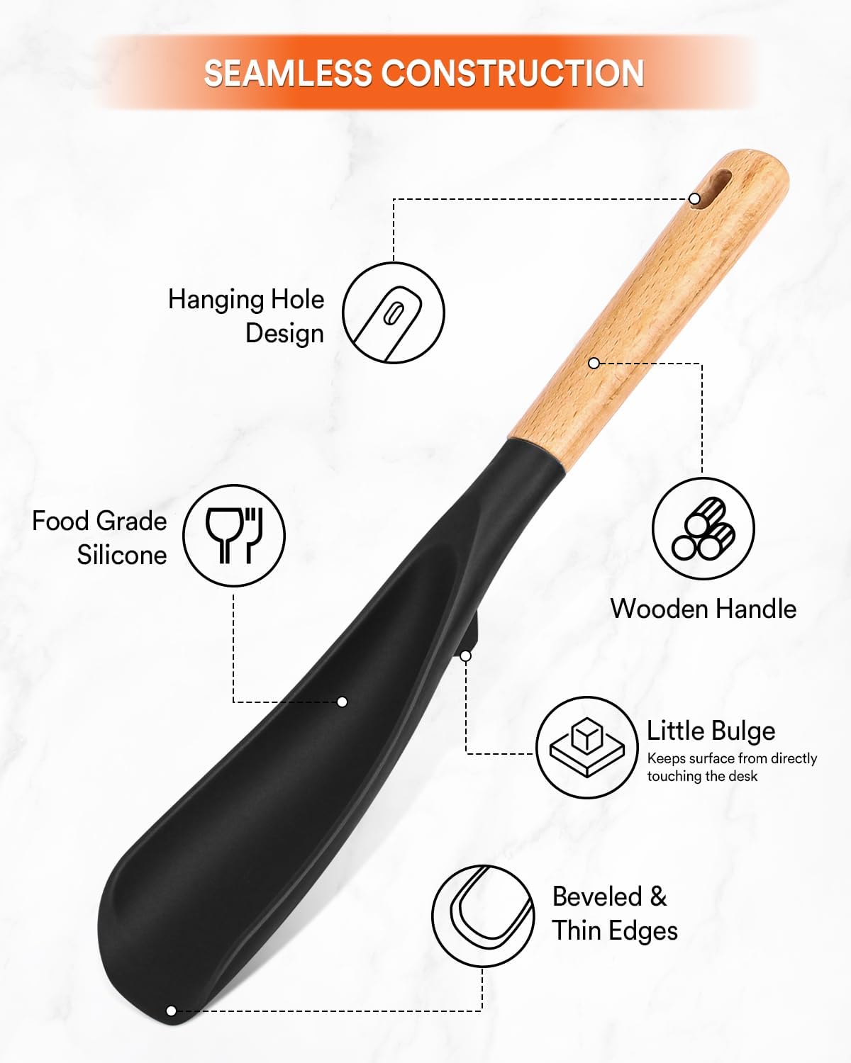 Cooking Spoon and Rice Scooper for Nonstick Cookwares, Great for Cooking and Serving Sturdy BPA-Free Matte Silicone, Wood Handle Spoon for Mixing, Scoop, and Scrape (Black Spoon & White Scooper）