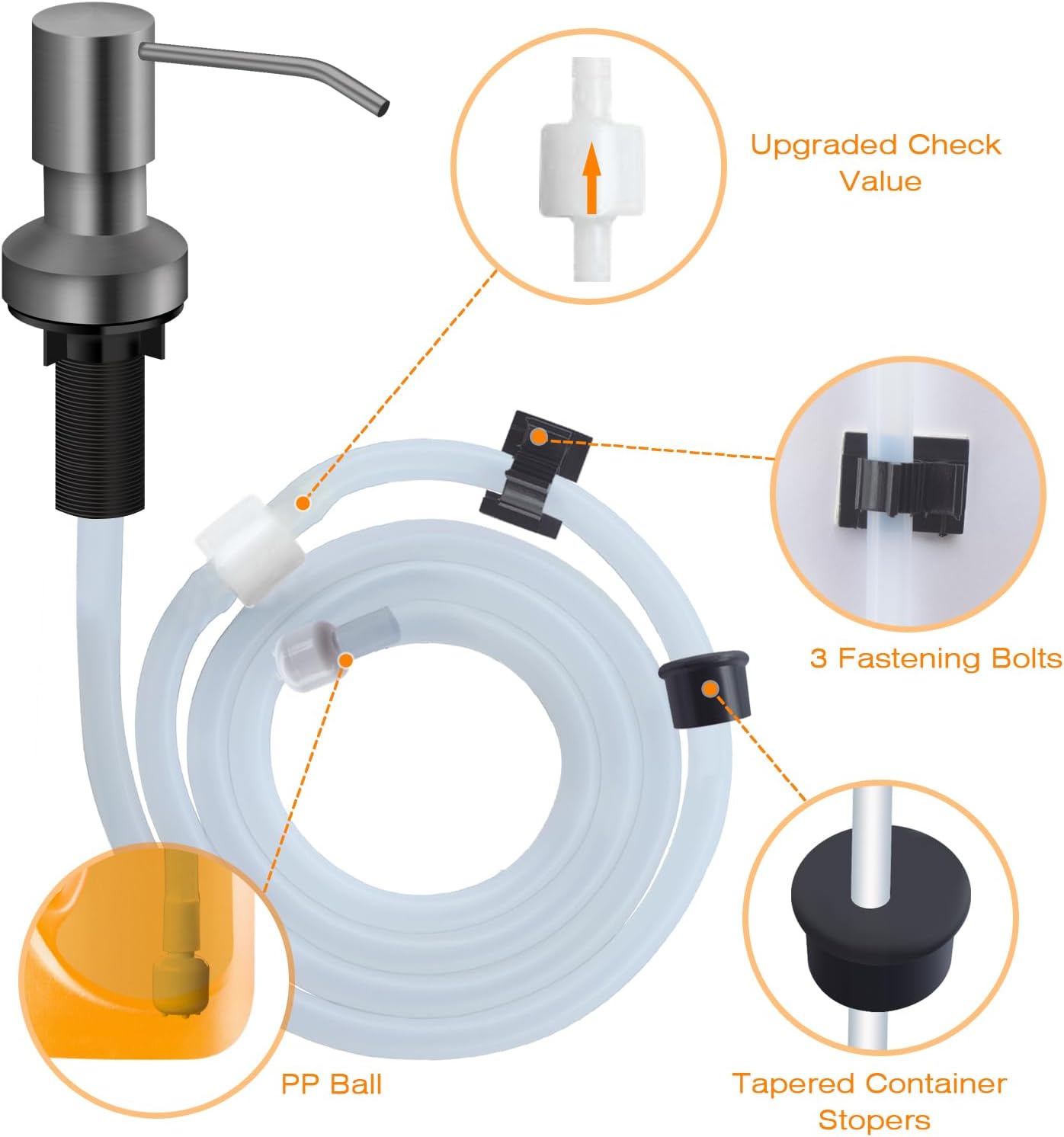 Sink Soap Dispenser for Kitchen Sink, Countertop Built in Sink Soap Dispenser with 47” Extension Tube kit, No Need to Fill The Little Bottle Again (Gray)