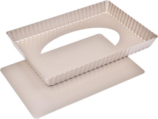 Rectangle Tart Pan, 13-Inch with Removable Loose Bottom Non-Stick Oblong Quiche Bakeware for Oven Baking (Champagne Gold)