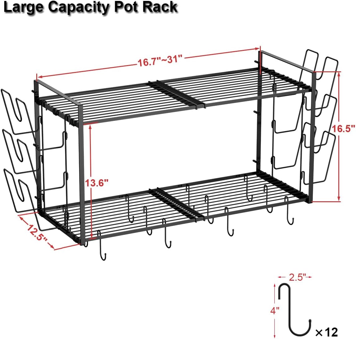 31 Inch Pot Rack Wall Mounted, 2-Tier Hanging Pots and Pans Organizer Expandable Heavy Duty Kitchen Shelves with 6 Pot Lid Holders and 12 Hooks for Kitchen Cookware Utensils Storage