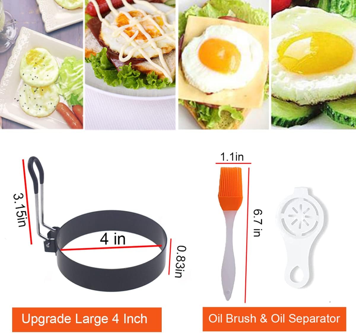 Egg Ring,4 Packs Upgrade Large 4" Egg Rings for Griddle Frying Egg,Non-stick Stainless Steel 4 Inch Griddle Egg Ring Round Egg Cooker Pancake Ring Cooking Ring for Muffin with Oil Brush Egg Separator