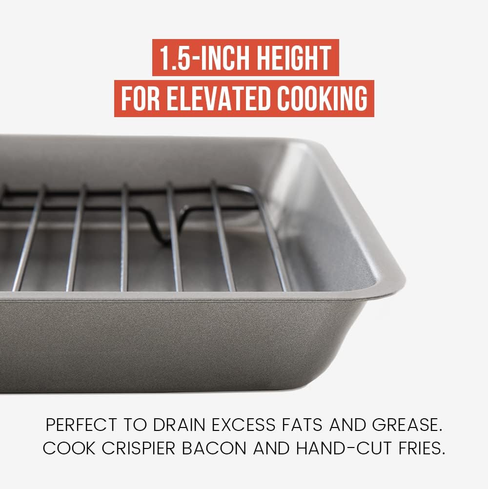 Chef Pomodoro Nonstick Carbon Steel Small Roasting Pan with Rack, Roasting Pan for Countertop Oven Baking, Single Serving, Grey (Mini)