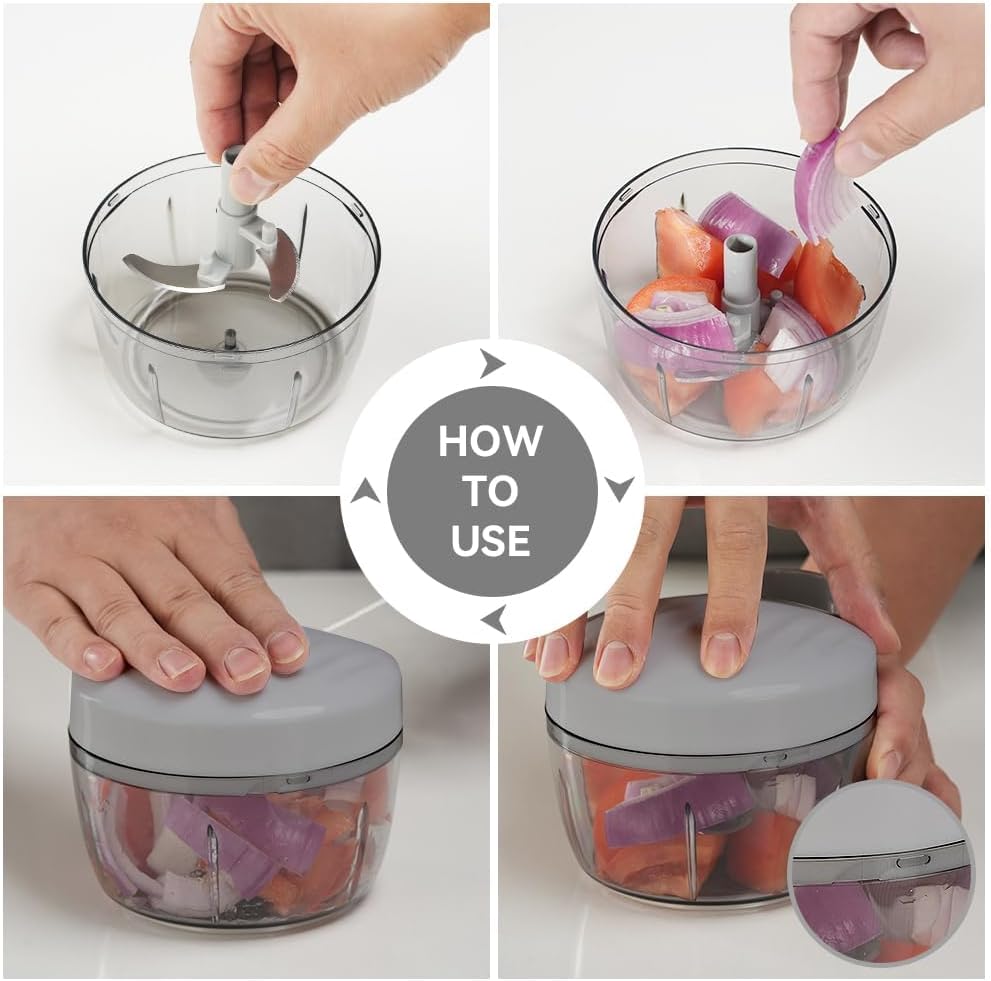 Manual Food Processor Vegetable Chopper 2.3 Cup Small Mini Hand Pull String Onion Chopper Garlic Mincer Cutter with 3 Stainless Steel Blades (Grey, 550 ml)