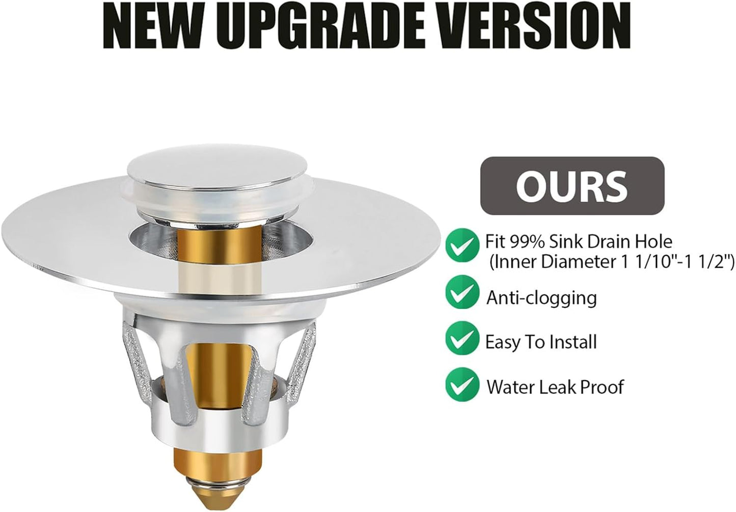 Three colors Bathroom Sink Stopper,Pop Up Drain Stopper with Bullet Core Push Type,Anti-Clogging Strainer Stopper Plug with Filter Basket for 1.1-1.5",(Silver,1PCS)