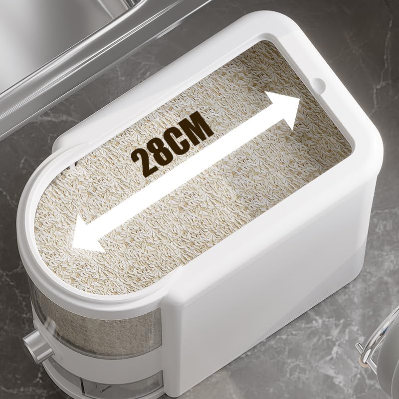25 Lbs Rice Container with Measuring Cup, Upgraded Built-in Fresh Box, Cereal Dispenser Storage with Lids for Home Kitchen Pantry Rice Soybean Corn And large grain grains-White