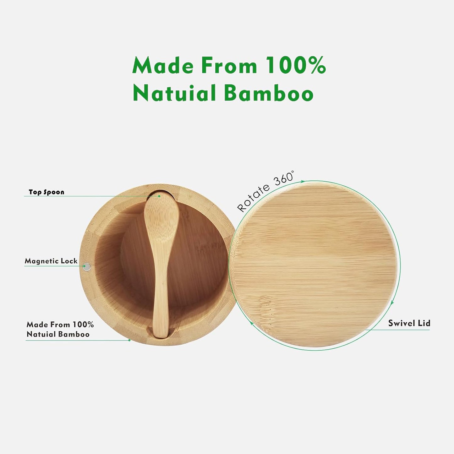 Salt Box with Lid and Spoon Bamboo Container Kitchen Spice Cellars with Swivel Lid Built in Spoon Salt Holder for Storage Sea Salt 12oz Capacity Large Keeper