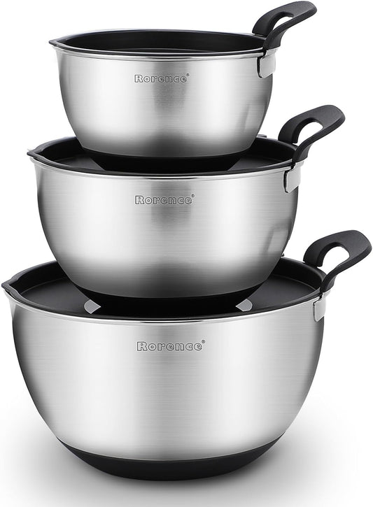 Rorence Stainless Steel Mixing Bowls: Stackable Mixing Bowl Set with Lids and Handles Non-slip Silicone Bottom Nesting Bowls for Kitchen Set of 3 - Black