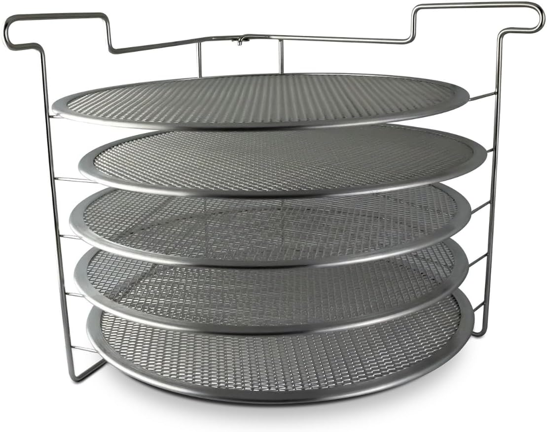Folding Pizza Rack with Five 14 Inch Pizza Screens - Compact and Convenient Design for Easy Storage and Baking Multiple Pizzas