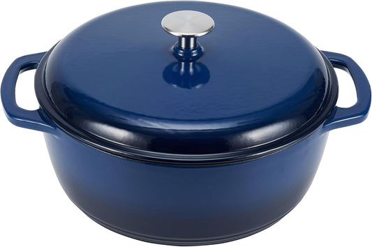 Amazon Basics Cast Iron Dutch Oven Pot with Lid, Enameled, Round, Dual Handles, Heavy-Duty, Medium, 6-Quart, Navy