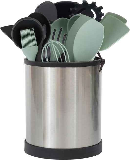 Stainless Steel Kitchen Utensil Holder,360° Rotating Utensil Holder for Counter Organizer with Weighted Base, Cooking Silverware Caddy Flatware 4 Compartment Flatware Spoon Spatula Lazy Susan（Silvery）