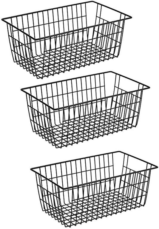 Slideep Farmhouse Metal Wire Basket, Fridge Freezer Storage Organizer Bins with Handles for Kitchen Cabinets, Pantry, Closets, Bedrooms, Bathrooms, Black 3 Pack