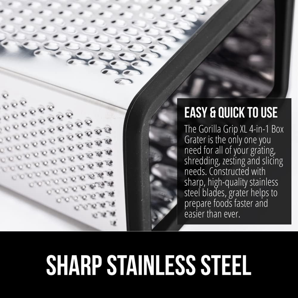 GORILLA GRIP XL 4-Sided Cheese Grater With Container, 100% BPA-Free Stainless Steel Box Graters, Parmesan Shredder, Grate Cheeses, Shred Veggies, Slip Resistant Handle, Dishwasher Safe Zester, Black