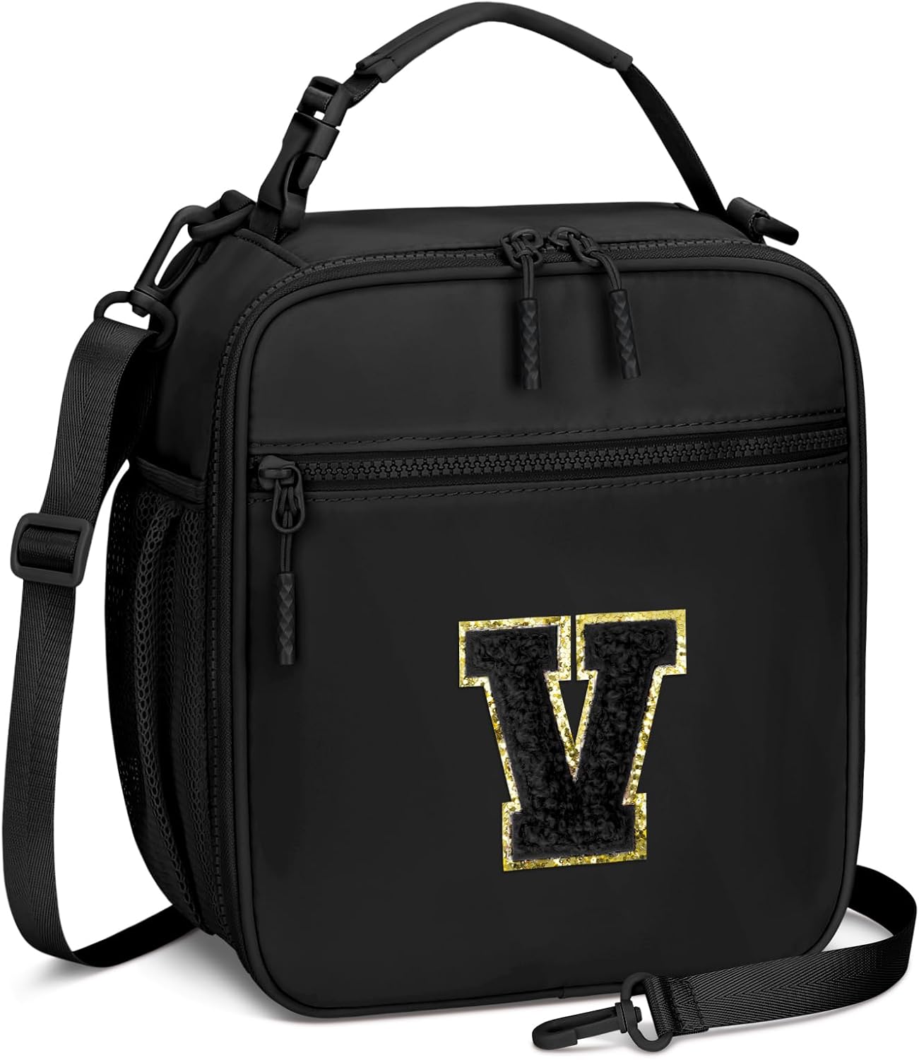 Initial Insulated Lunch Bag for Boys Kids, Back to School Gift, Reusable Leak-proof Lunch Box with Adjustable Strap for School Daycare Travel Picnic（Black，V）