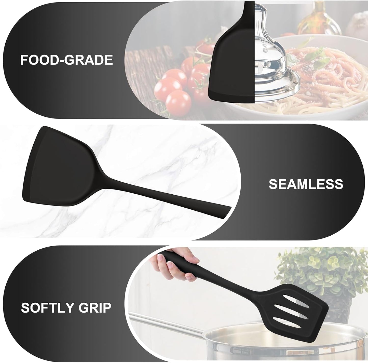 TeamFar Silicone Spatulas, 2pcs Solid & Slotted Cooking Turner for Non-stick Cookware, Kitchen Utensils for Flipping/Frying, Healthy & Seamless, Heat-Resistant & Non-Scratch, Dishwasher Safe, Black